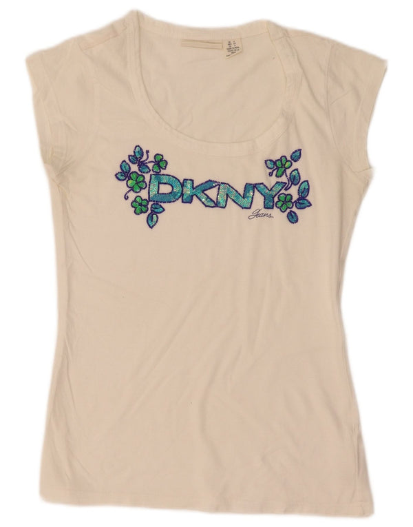 Dkny Womens Grafisk T-Shirt Top UK 8 Small White Floral Cotton