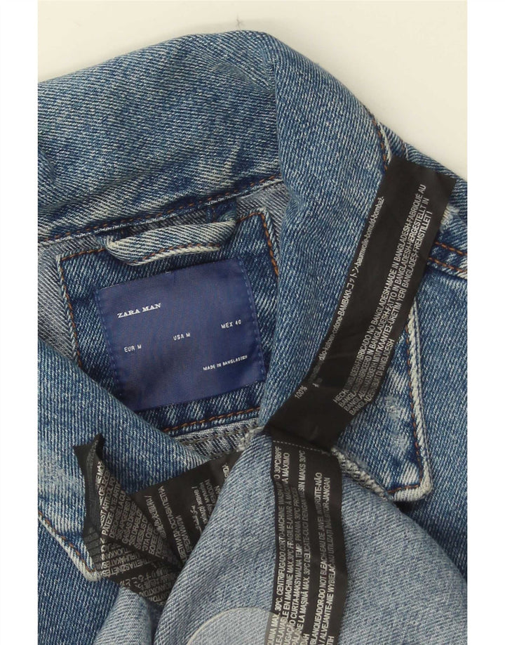 Zara Herre Distressed Denim Jacket UK 38 Medium Blue Cotton