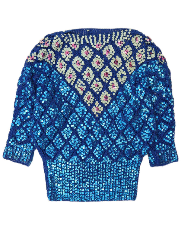 Vintage Dame Boat Neck Jumper Sweater UK 12 Medium Blue Argyle/Diamond