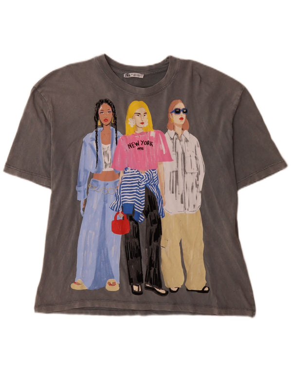Zara Kvinder New York Grafisk T-Shirt Top UK 10 Lille Grå Bomuld