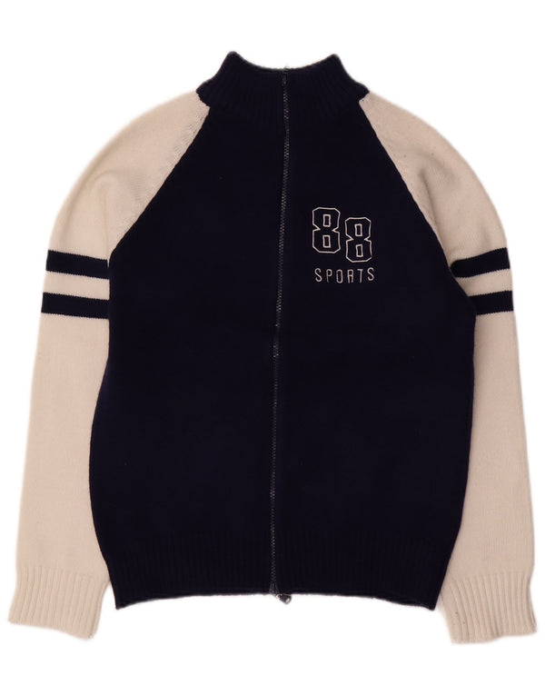 VINTAGE grafisk cardigan sweater til kvinder UK 14 Medium Navy Blue Colourblock