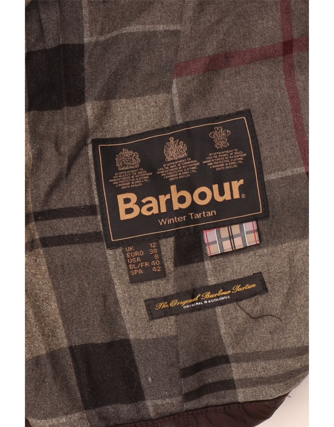 BARBOUR Dame Vinter Tartan Hætte Quiltet Jakke UK 12 Medium Brun