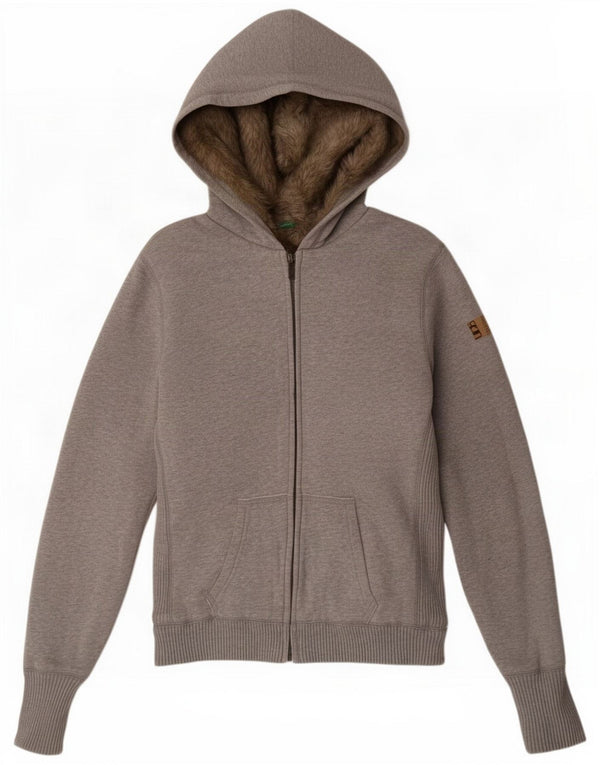 Benetton Womens Sherpa Zip Hoodie Sweater UK 16 Large Grey Cotton