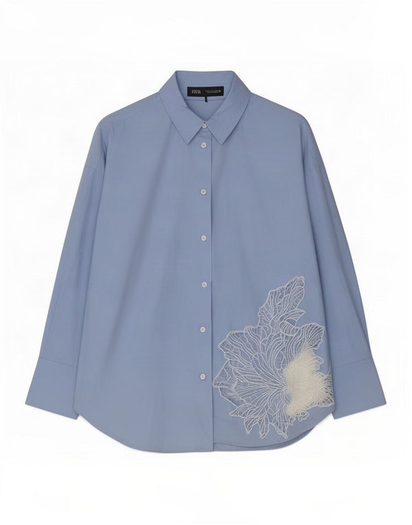 Zara Womens Relaxed Fit Shirt UK 14 Medium Blue Floral Cotton