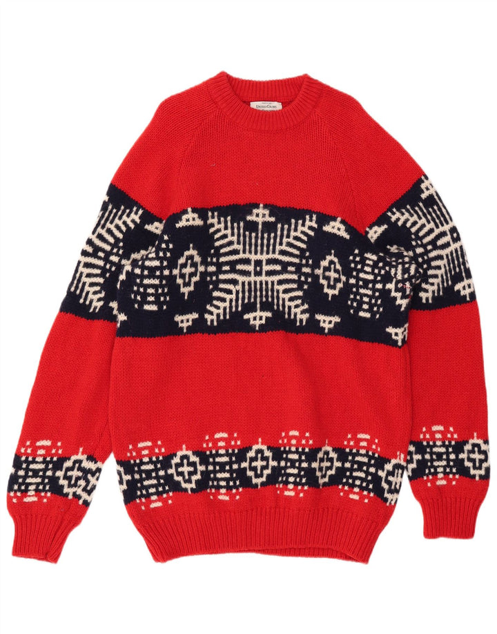 BENETTON Herre Boat Neck Jumper Sweater Medium Red Fair Isle Wool