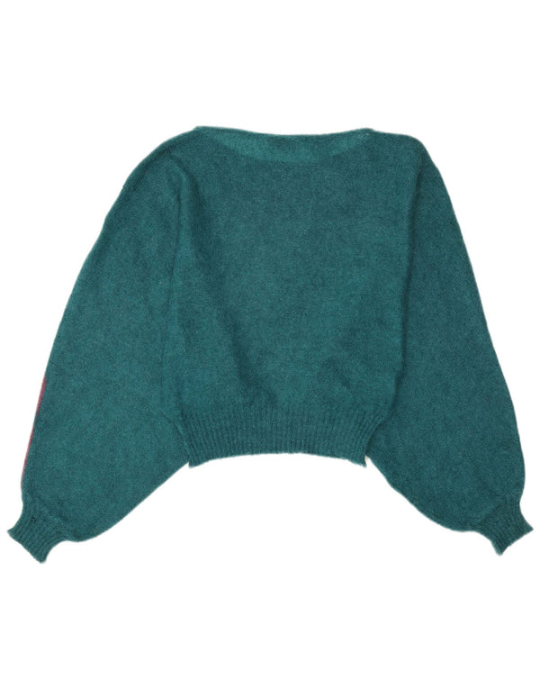 Vintage Dame Crop Boat Neck Jumper Sweater UK 14 Medium Blue Colourblock