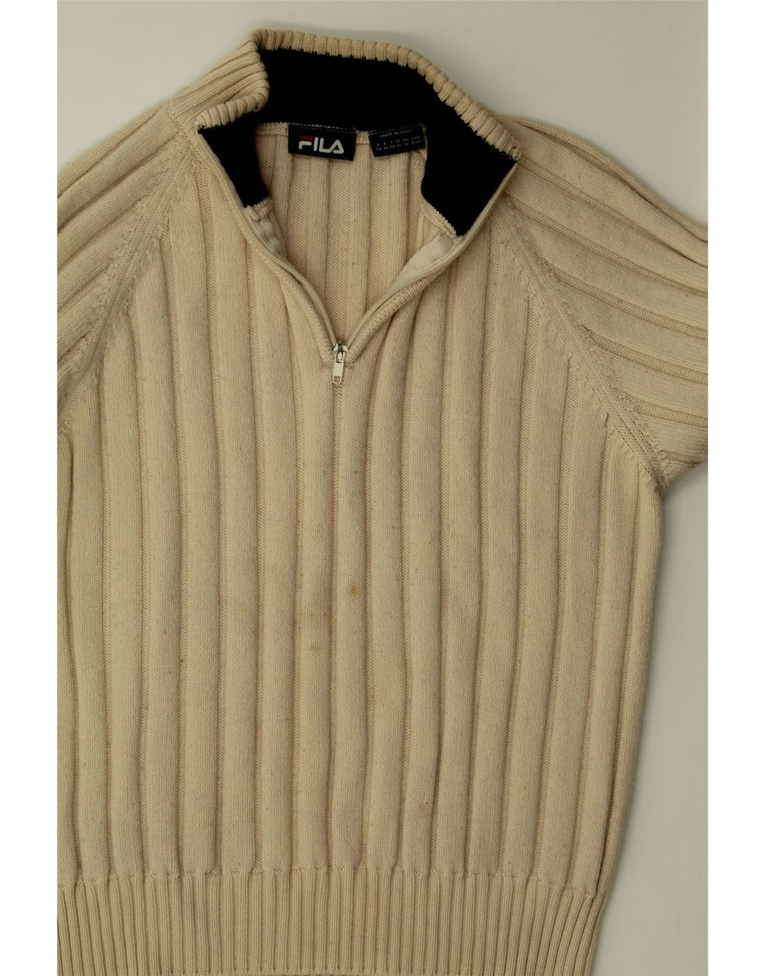 FILA Womens Zip Neck Jumper Sweater UK 14 Medium Off White Merino Wool Vintage Fila and Second-Hand Fila from Messina Hembry 