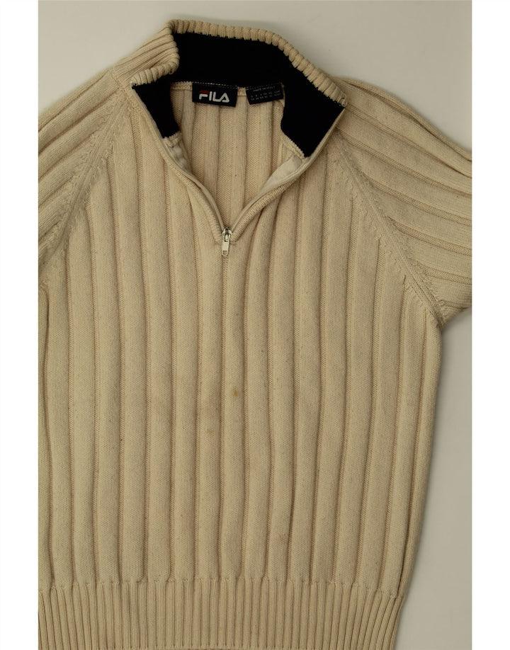FILA Womens Zip Neck Jumper Sweater UK 14 Medium Off White Merino Wool Vintage Fila and Second-Hand Fila from Messina Hembry 