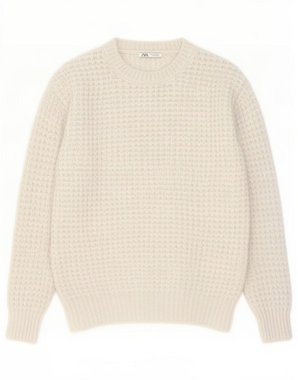 Zara Herre Crew Neck Jumper Sweater Medium White Polyester