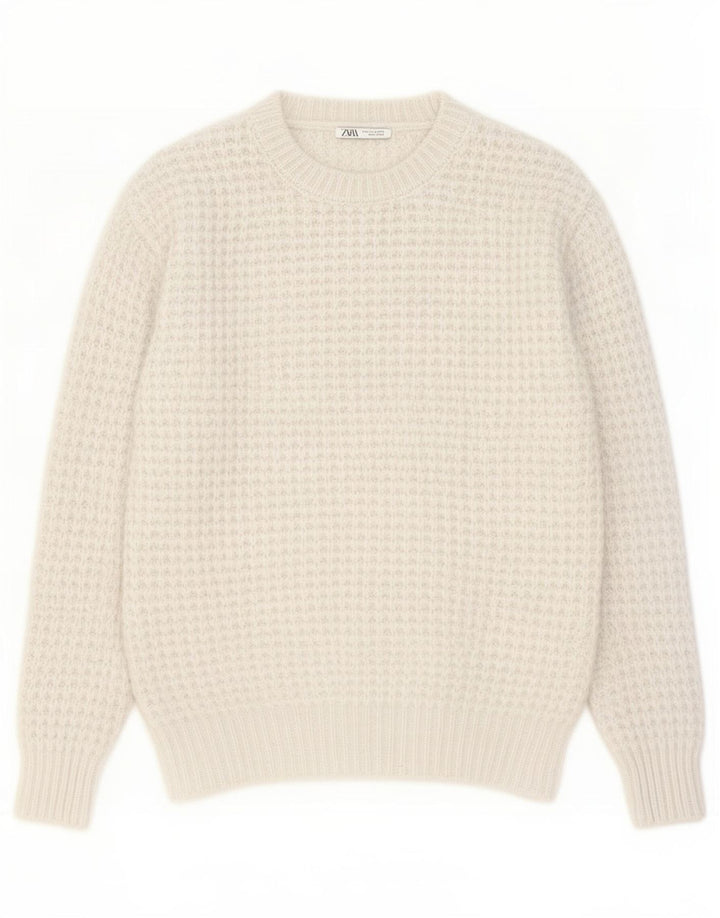 Zara Herre Crew Neck Jumper Sweater Medium White Polyester