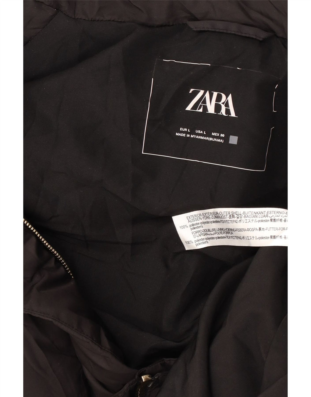 Zara Dame Hætte Ærmeløs Polstret Frakke UK 16 Large Black Polyester
