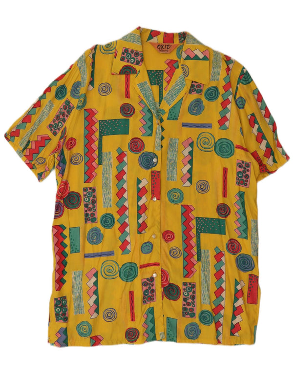 Vintage kortærmede skjortekjole til kvinder UK 18 XL gul geometrisk viskose