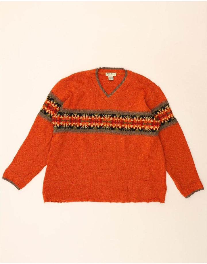 Eddie Bauer Herre V-hals sweater Medium Orange Fair Isle Wool