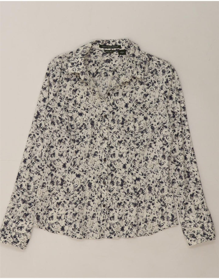EDDIE BAUER Womens Oversized Shirt UK 14 Medium White Floral Cotton Vintage Eddie Bauer and Second-Hand Eddie Bauer from Messina Hembry 
