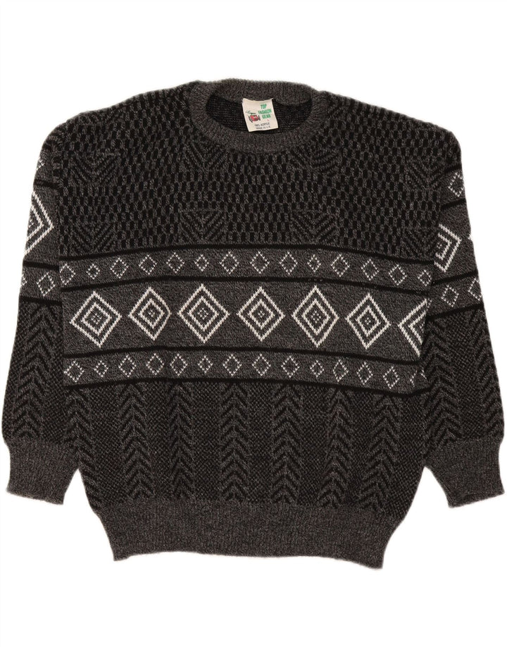 Vintage herre rund hals sweater stor grå Argyle/diamant akryl
