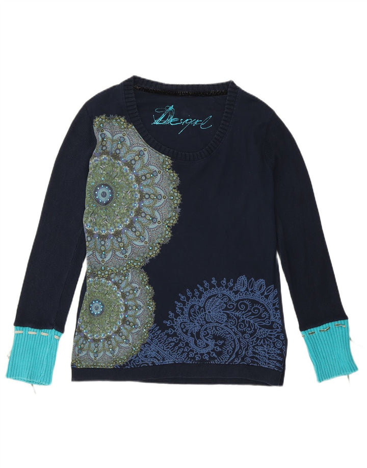 DESIGUAL Dame Grafisk Top Langærmet UK 14 Large Blue Floral