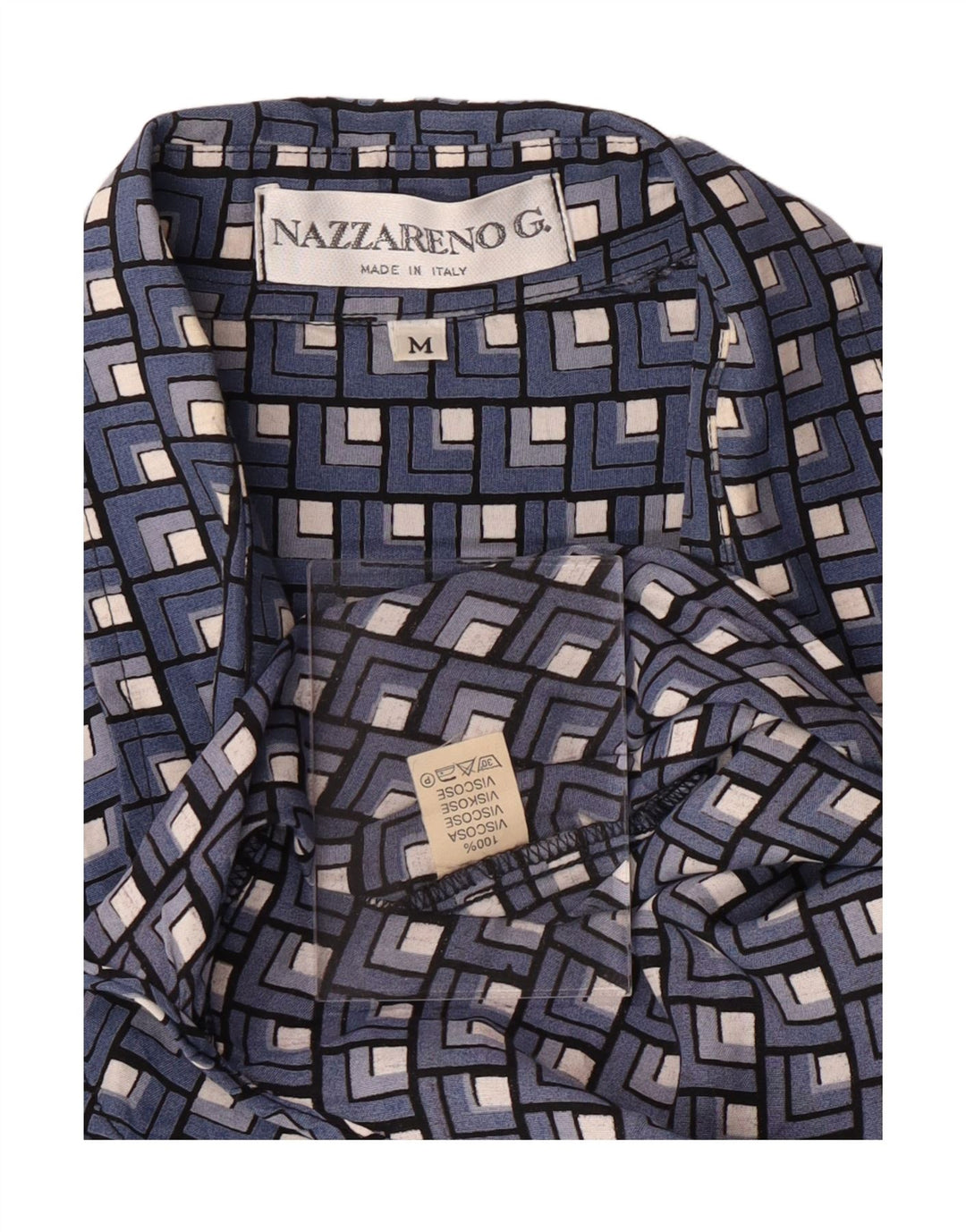 NAZZARENO G. Mens Short Sleeve Shirt Medium Blue Geometric Viscose Vintage Nazzareno G. and Second-Hand Nazzareno G. from Messina Hembry 