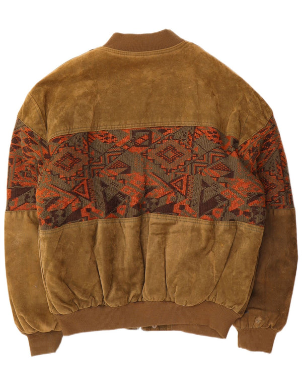 Vintage Mens Suede Bomber Jacket UK 44 2XL Khaki Geometric