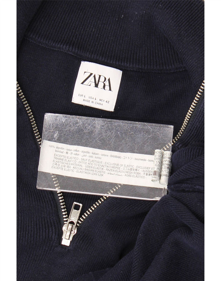 Zara Herre Zip Neck Jumper Sweater Stor Marineblå Bomuld