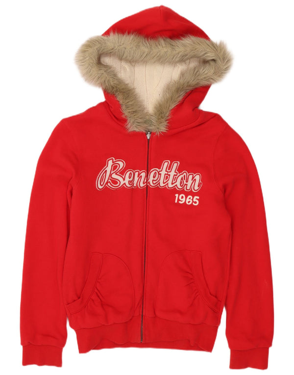 Benetton Dame grafisk vendbar hættetrøje med lynlås UK 10 Lille rød uld