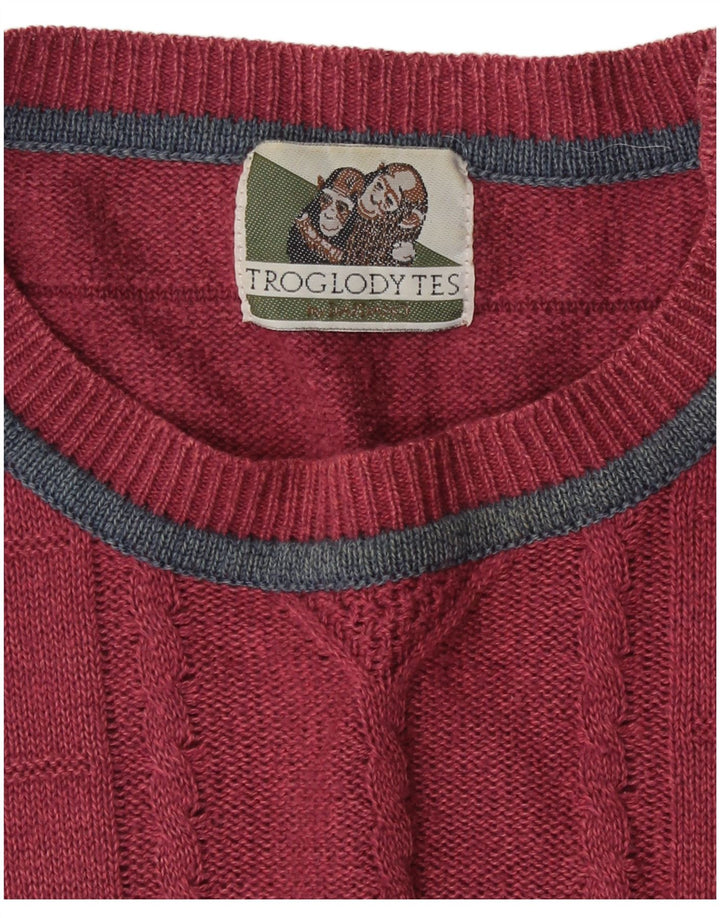 Vintage herre sweater med rund hals, stor pink farveblok
