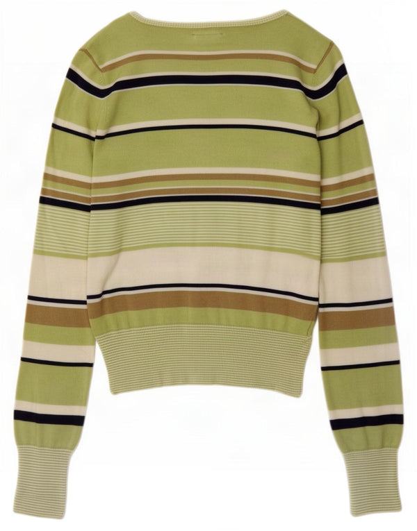 Woolrich Dame Button Neck Jumper Sweater UK 14 Stor grøn stribet bomuld