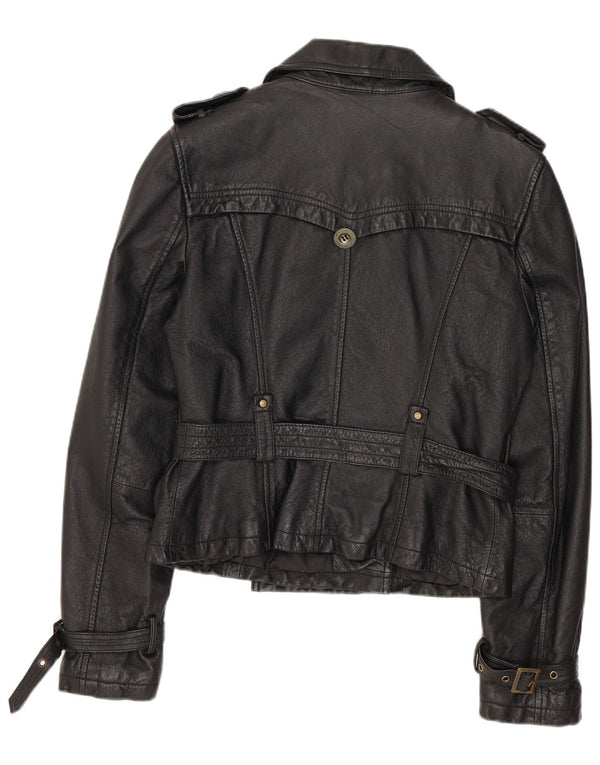 SPECCHIO Womens Crop Military Læderjakke UK 12 Medium Sort Læder