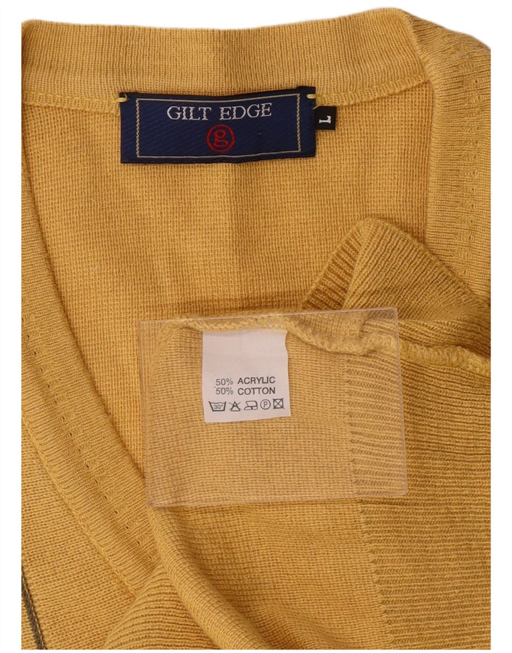VINTAGE Mens V-Neck Jumper Sweater Large Yellow Argyle/Diamond Acrylic