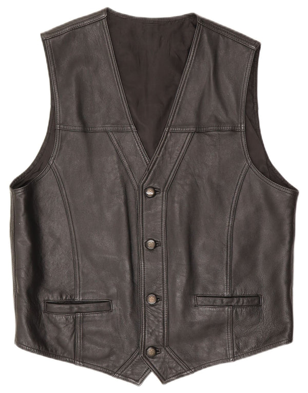 Vintage Mens Leather Waistcoat Large Black Leather