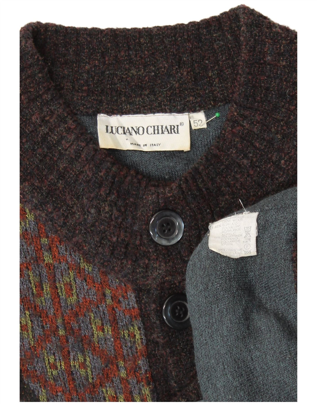 LUCIANO CHIARI Herre cardigan sweater IT 52 Stor brun patchwork uld