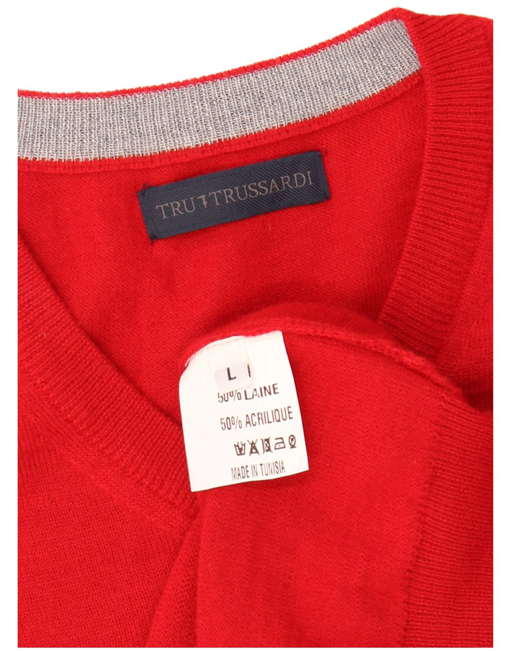 TRUSSARDI Mens V-Neck Jumper Sweater Large Red Wool