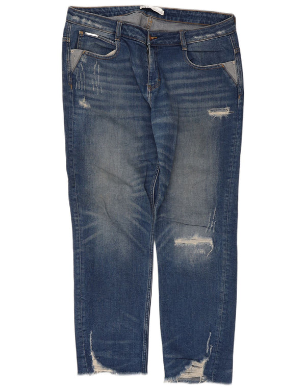 Zara Dame Distressed Straight Jeans EU 42 Large W32 L28 Blå