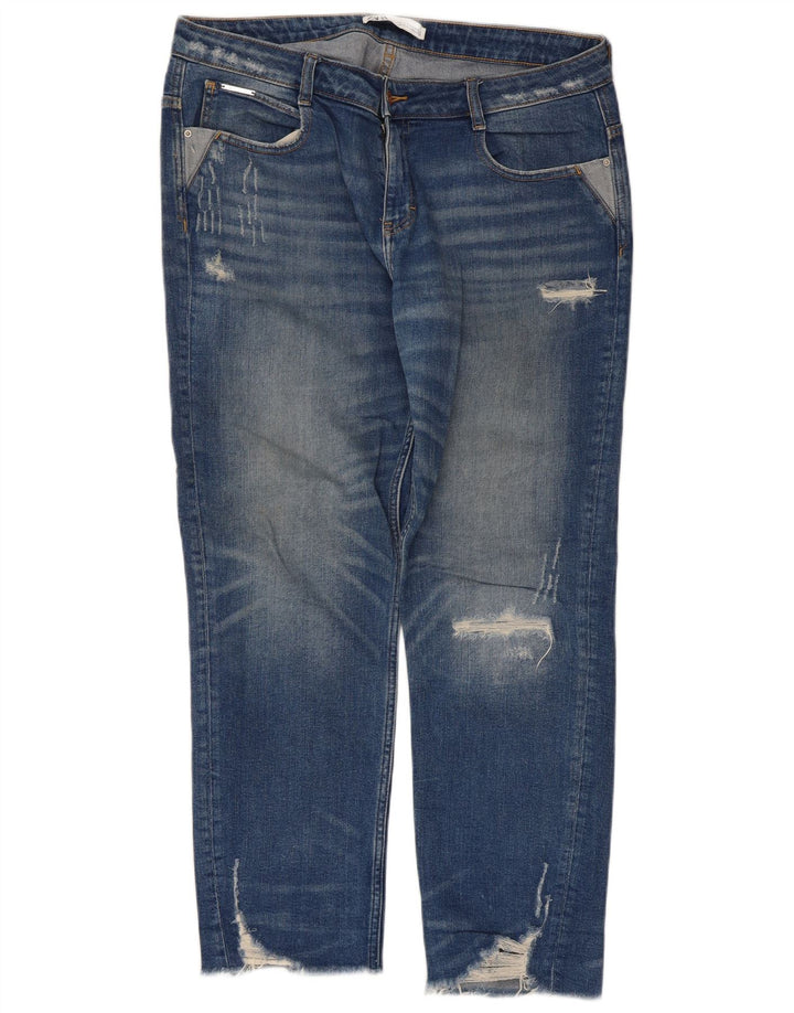 Zara Dame Distressed Straight Jeans EU 42 Large W32 L28 Blå