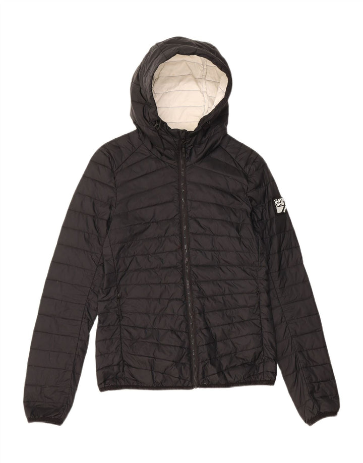 Superdry polstret hættejakke til kvinder UK 6 XS sort nylon