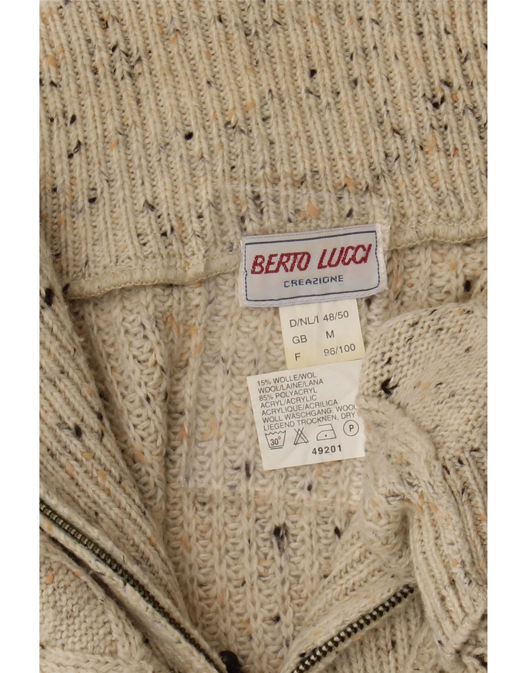 BERTO LUCCI Mens Zip Neck Jumper Sweater Medium Beige Flecked Acrylic Vintage Berto Lucci and Second-Hand Berto Lucci from Messina Hembry 