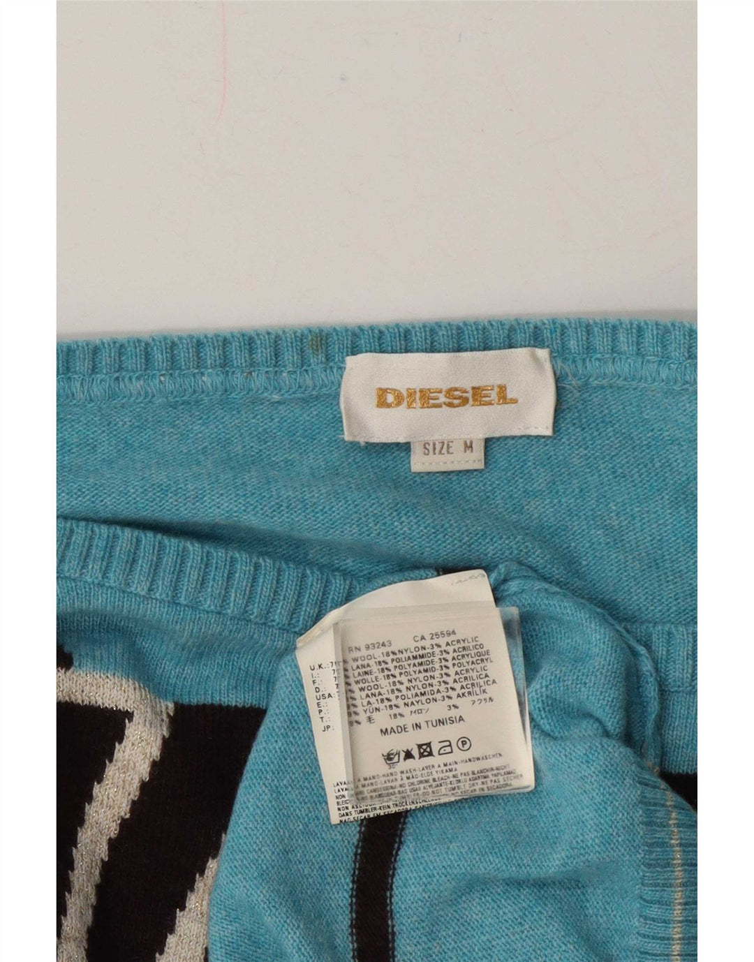 Diesel Dame Boat Neck Jumper Sweater UK 14 Medium Blue Geometric Wool
