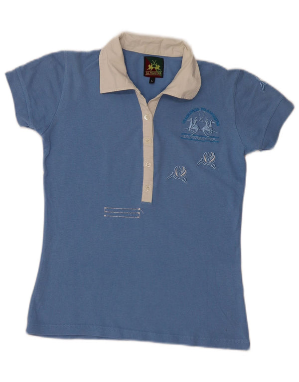 La Martina Grafisk poloskjorte til kvinder UK 14 Stor blå farveblok