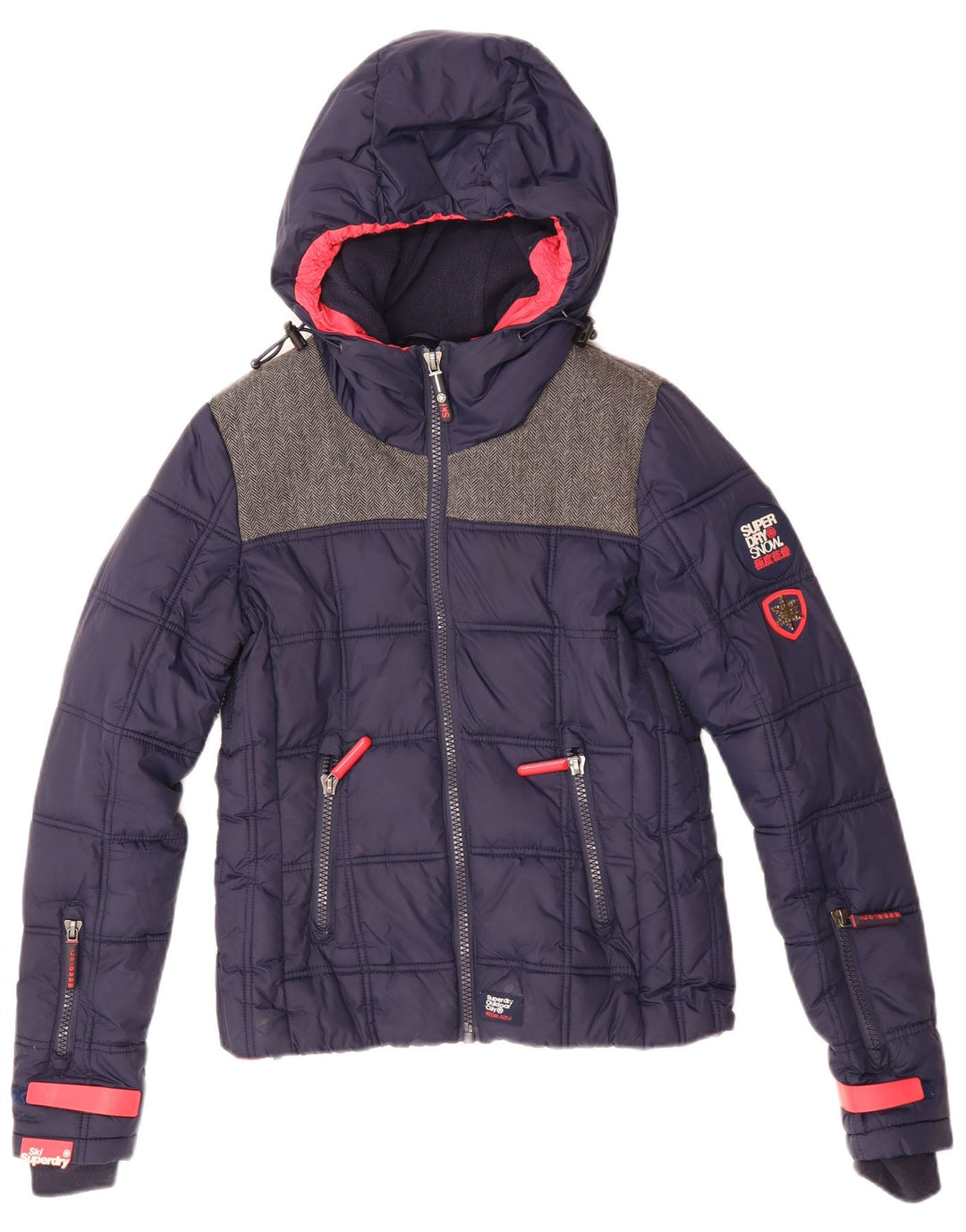 Superdry Skijakke med hætte i overstørrelse til kvinder UK 6 XS marineblå polyester