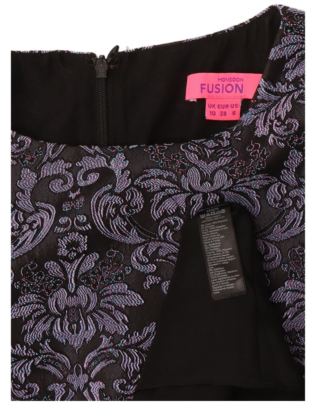 Monsoon Dame A-Line Kjole UK 10 Lille Grå Paisley Polyester