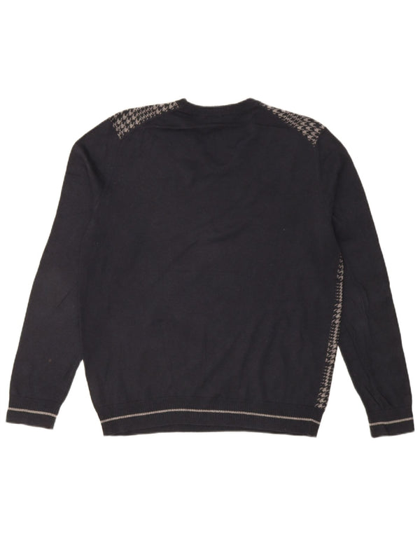 Hugo Boss Mens Slim Fit V-Neck Jumper Sweater Large Navy Blue Houndstooth