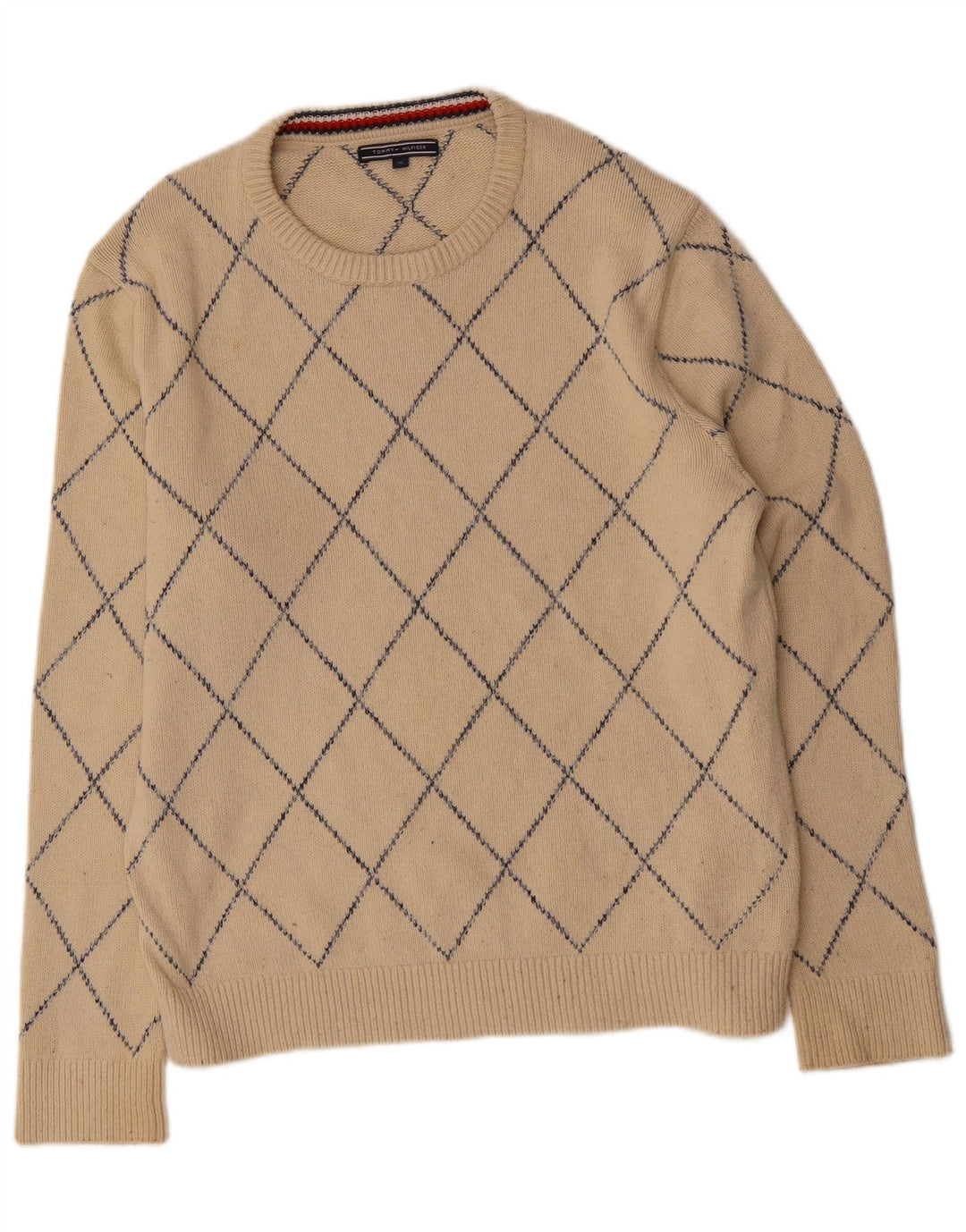 TOMMY HILFIGER Mens Crew Neck Jumper Sweater XL Beige Argyle/Diamond