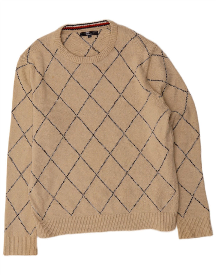 TOMMY HILFIGER Mens Crew Neck Jumper Sweater XL Beige Argyle/Diamond