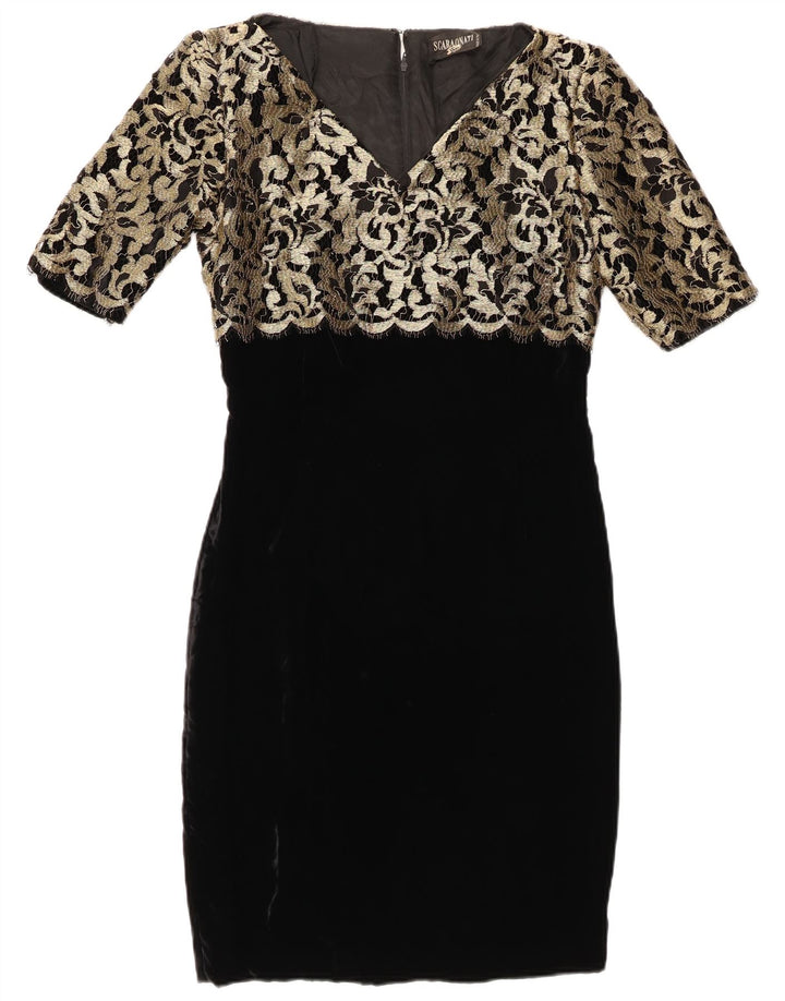 Vintage Kvinders Kortærmede Bodycon Kjole IT 44 Medium Sort Blomster