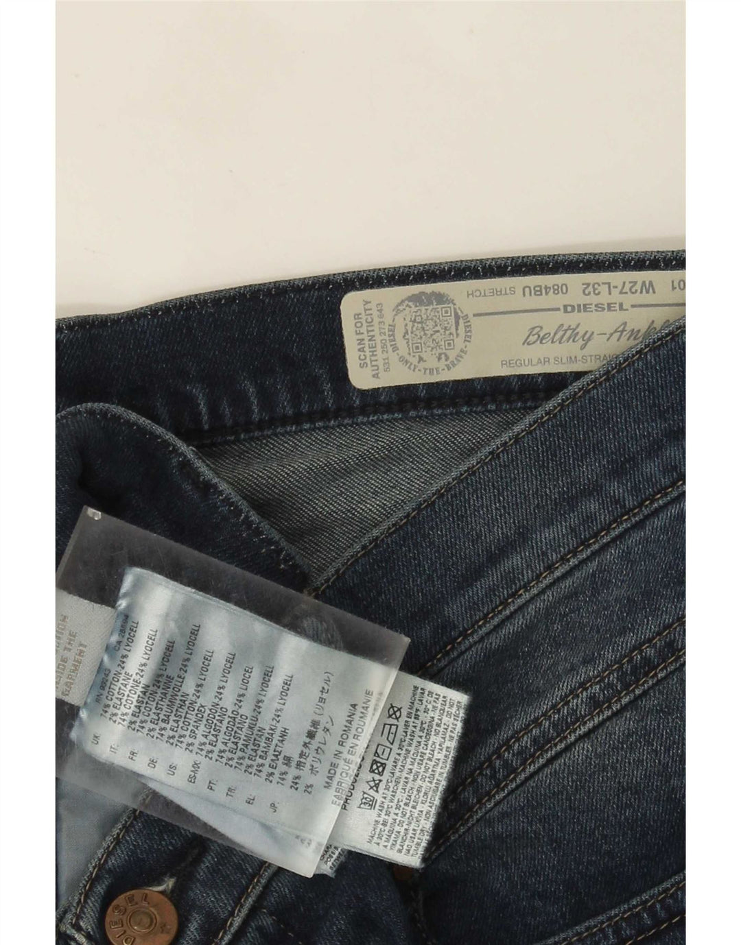 Diesel Dame Belthy-Ankel Regular Slim Straight Jeans W27 L27 Blå Bomuld