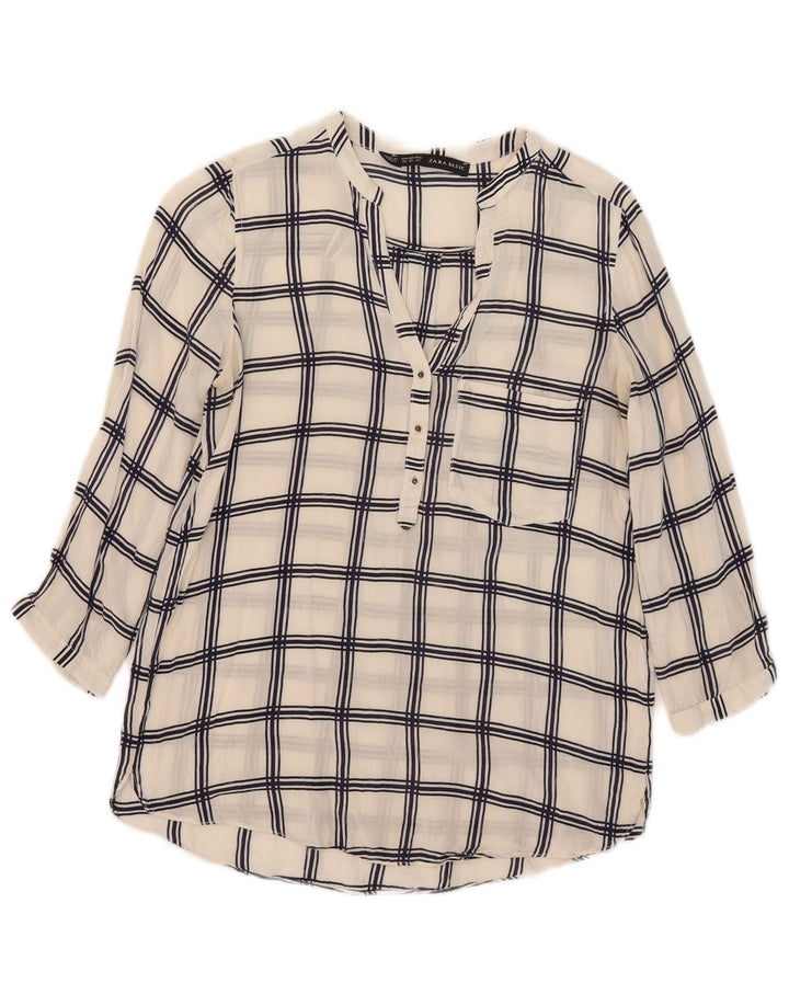 Zara Dame 3/4 ærmet bluse Top UK 6 XS Hvid ternet