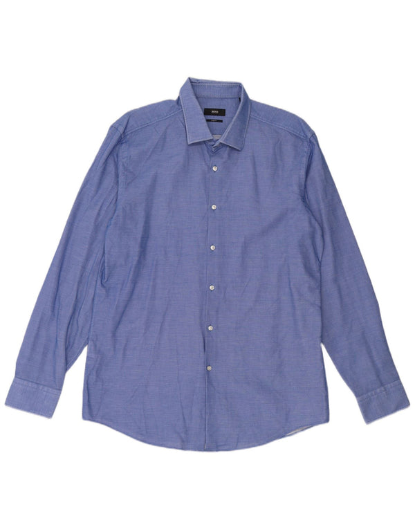Hugo Boss Herre Slim Fit skjorte str. 44 17 1/2 XL Blå plettet bomuld