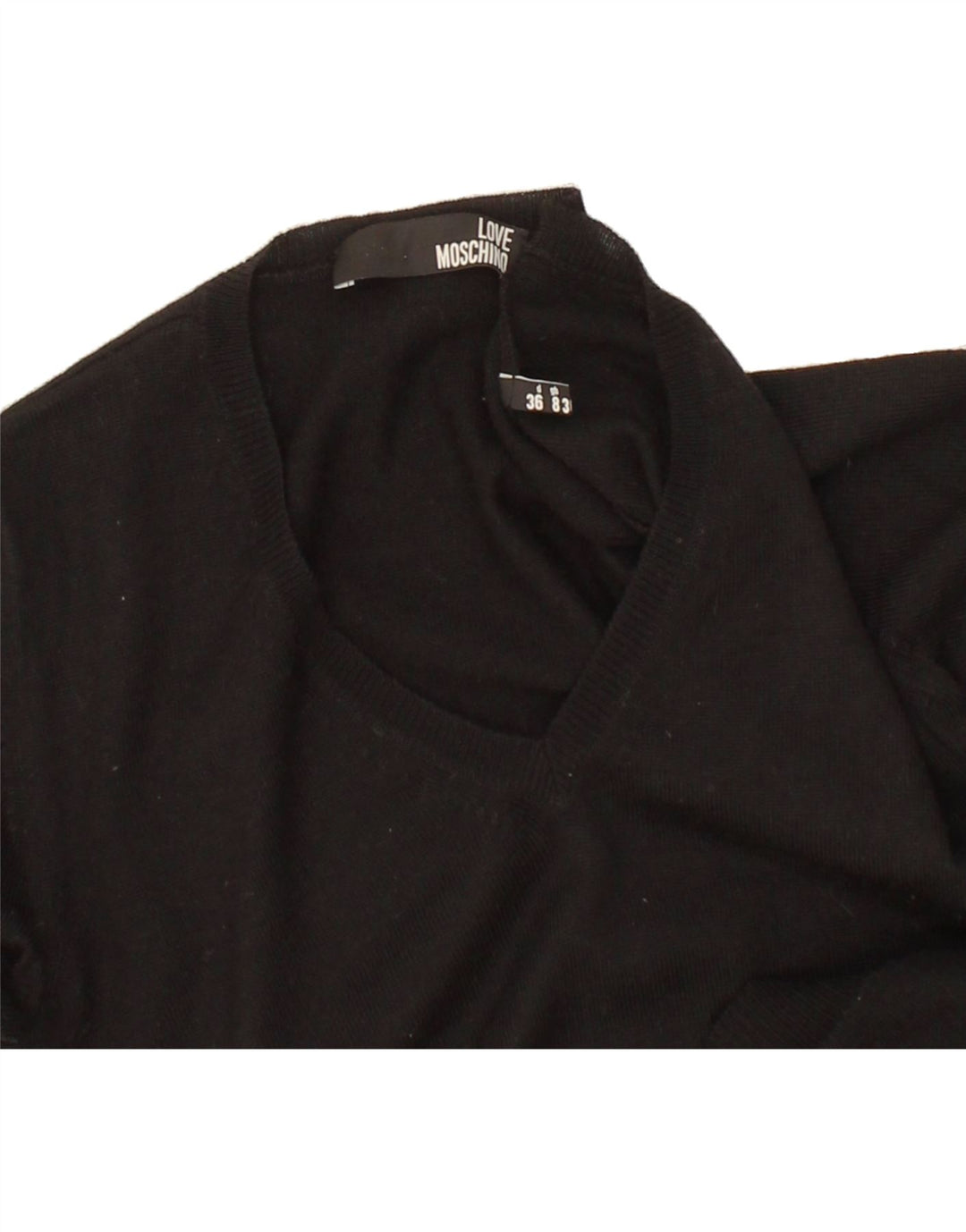 MOSCHINO Womens V-Neck Jumper Sweater UK 8 Small Black Wool Vintage Moschino and Second-Hand Moschino from Messina Hembry 