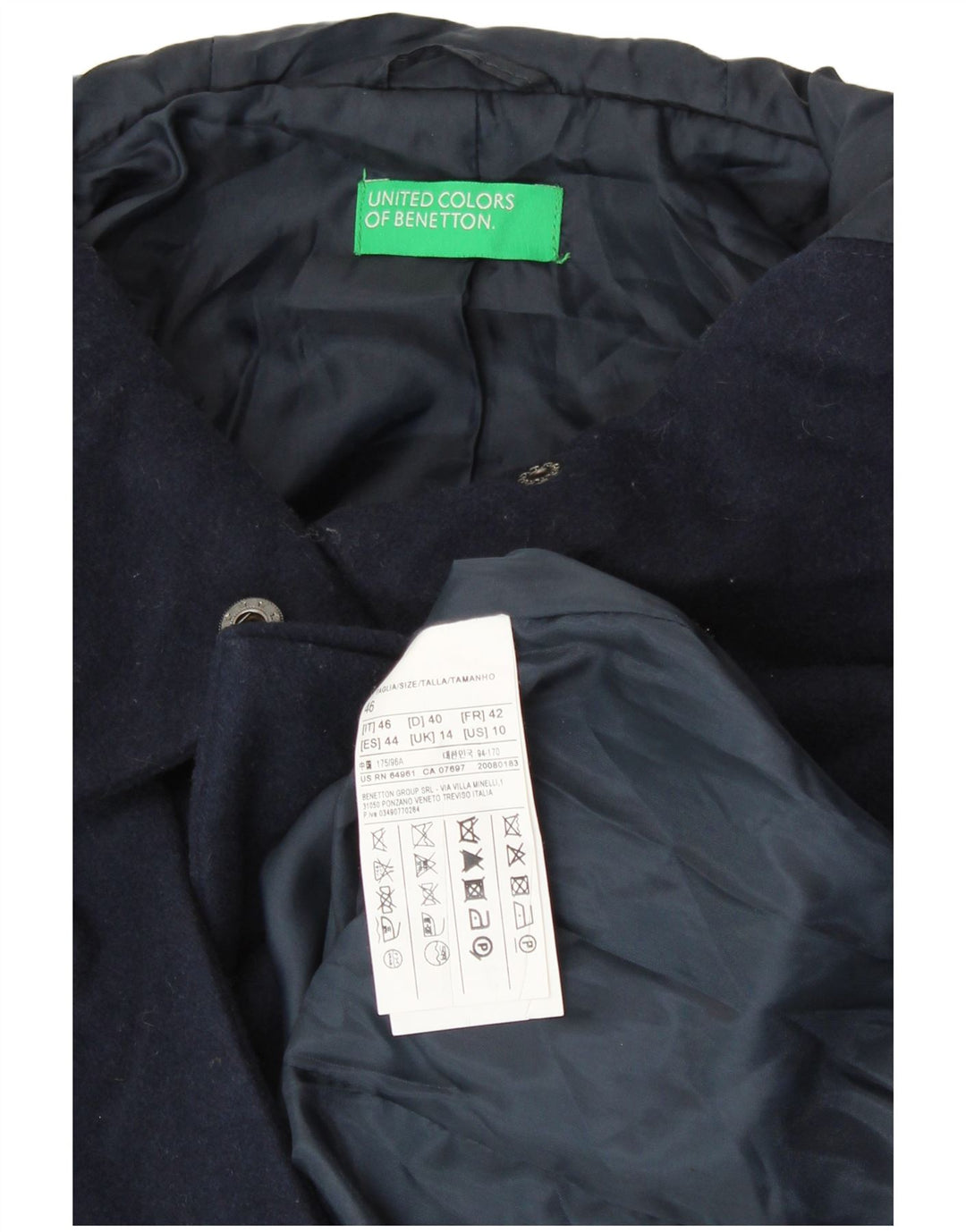 BENETTON Dame Hooded Duffel Coat UK 14 Large Navy Blue Wool