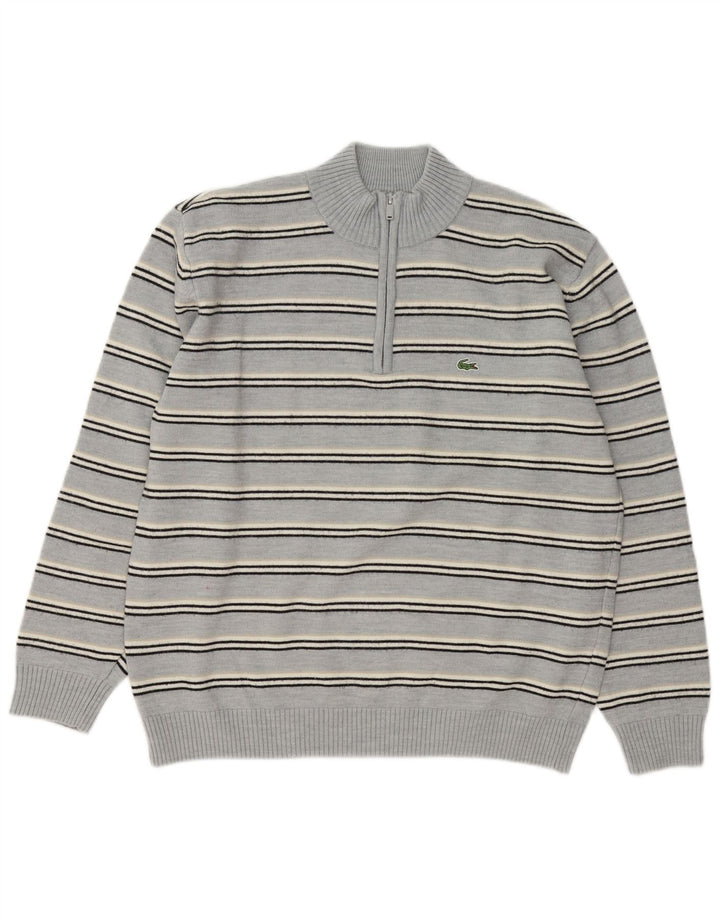 Lacoste Herre Zip Neck Jumper Sweater Størrelse 5 Stor Blå Stribet Uld