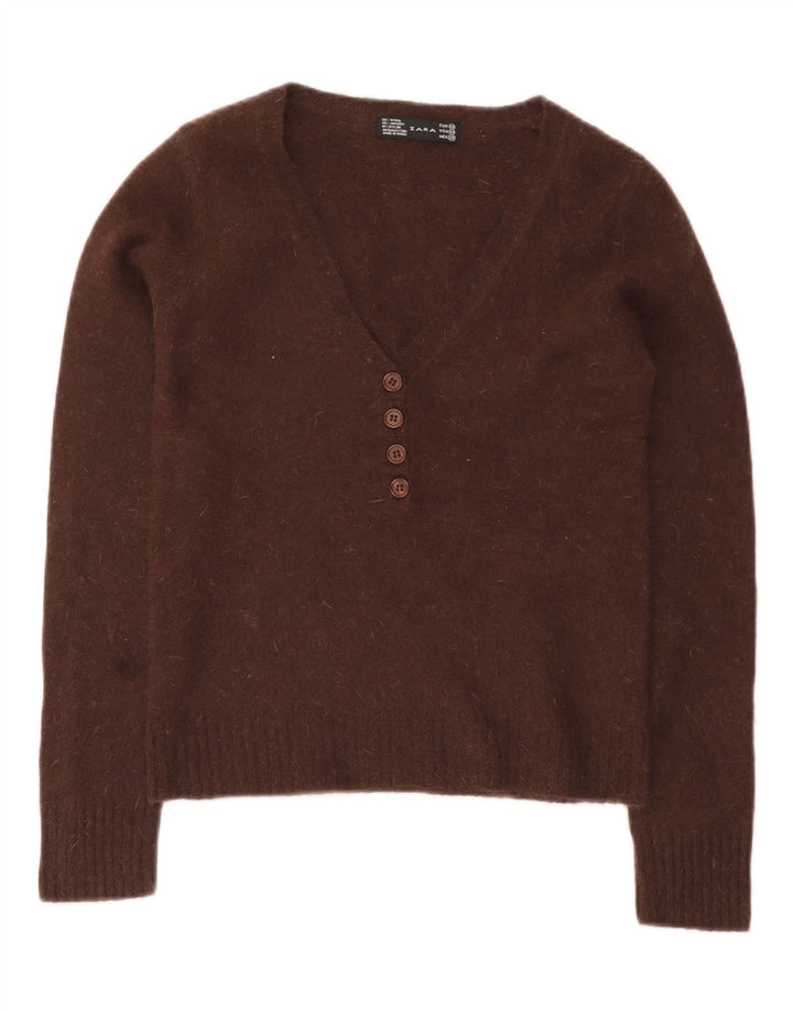 Zara Womens Crop V-hals sweater UK 12 Medium Brun Uld
